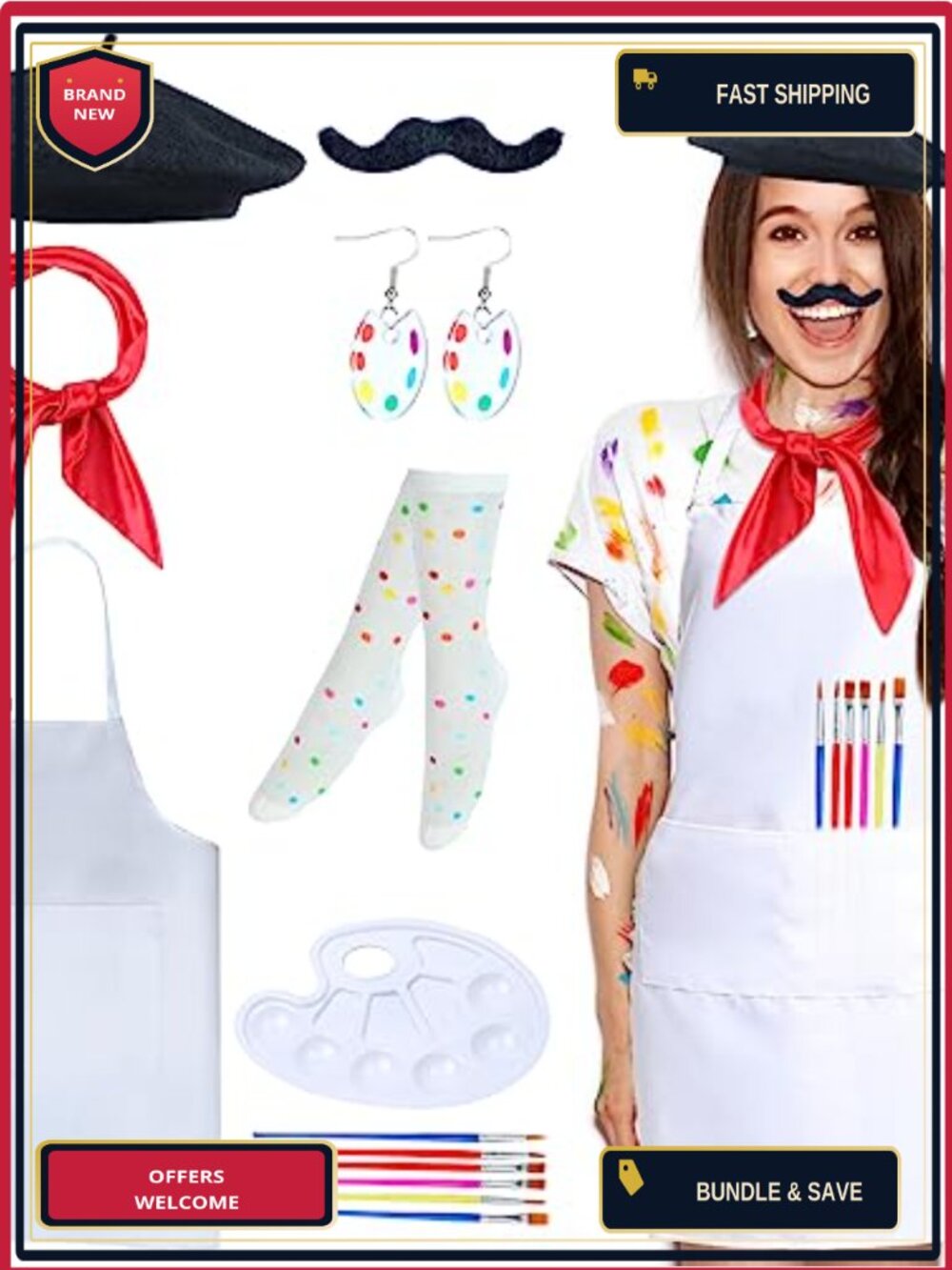 Adult Artist Costume Set 8 Pcs Painter Halloween Dress Up Beret Apron Palette